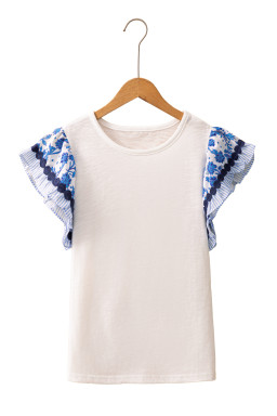 Blue Floral Striped Patchwork Flutter Sleeve Blouse