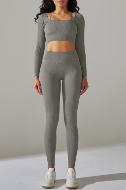 Gray Ribbed Long Sleeve Top and Leggings Workout Set