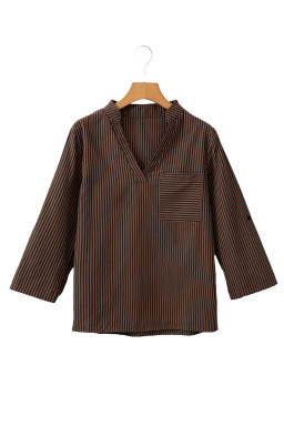 Brown Stripe V Neck Pocket Roll Up Sleeve Shirt
