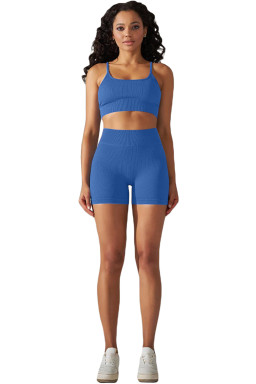 Sky Blue Spaghetti Straps Bra and High Waist Shorts Workout Set