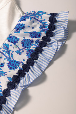 Blue Floral Striped Patchwork Flutter Sleeve Blouse