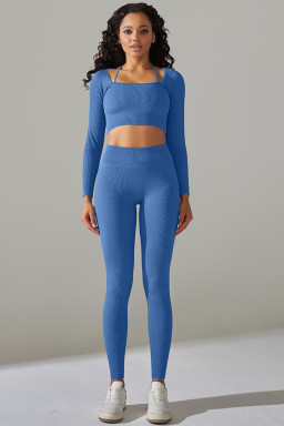 Sky Blue Ribbed Long Sleeve Top and Leggings Workout Set