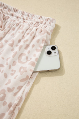 Beige Leopard V Neck Tee and Pants Pajama Set