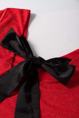 Racing Red Metallic Bowknot Open Back V Neck Top