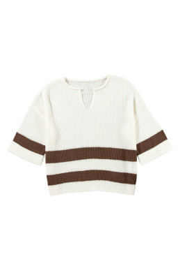 Brown Stripe Cropped Drop Sleeve Sweater