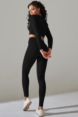 Black Ribbed Long Sleeve Top and Leggings Workout Set