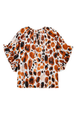 Brown Metallic Threading Accents Pleated Abstract Printed Ruffled 3/4 Sleeve Blouse