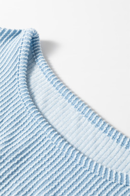 Mist Blue Corded Frilly Puff Sleeve Round Neck Blouse