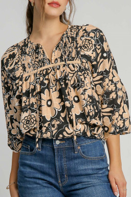 Black Boho Floral Smocked V Neck Bracelet Sleeve Blouse