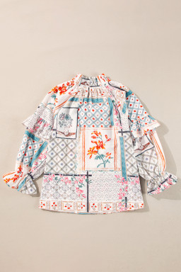 Multicolour Floral Plaid Patchwork Puff Sleeve Blouse