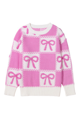 Pink Bow Knot Two Tone Checkered Crew Neck Sweater