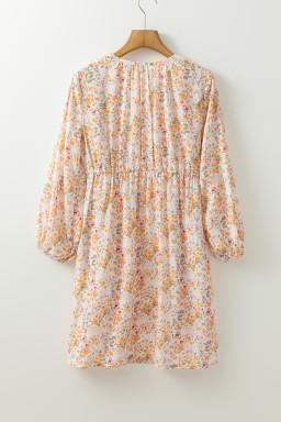 Yellow Boho Floral V Neck Ruffled High Waist Long Sleeve Mini Dress