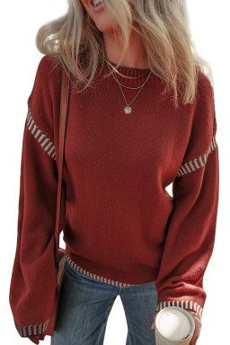 Red Dahlia Color Contrast Trim Drop Shoulder Crew Neck Sweater