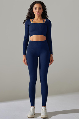 Navy Blue Ribbed Long Sleeve Top and Leggings Workout Set