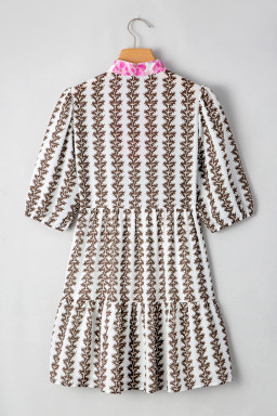 Black Floral Abstract Print Tiered Pop of Color Neckline Dress