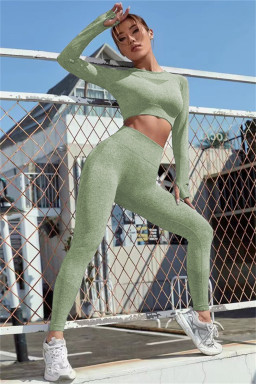 Grass Green Solid Color Long Sleeve Crop Top Leggings Yoga Sports Set
