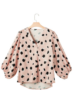Khaki Classic Leopard V Neck Bracelet Sleeve Blouse
