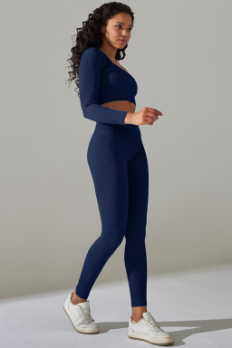 Navy Blue Ribbed Long Sleeve Top and Leggings Workout Set