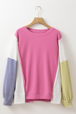 Sachet Pink Waffle Patchwork Striped Sleeve Top