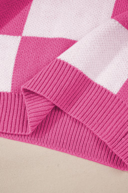 Rose Checkered Bishop Sleeve Pullover Sweater