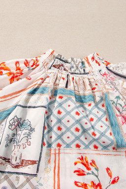 Multicolour Floral Plaid Patchwork Puff Sleeve Blouse