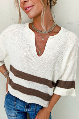 Brown Stripe Cropped Drop Sleeve Sweater