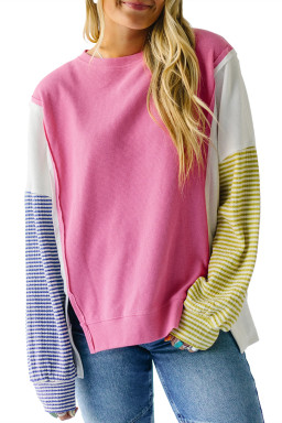Sachet Pink Waffle Patchwork Striped Sleeve Top