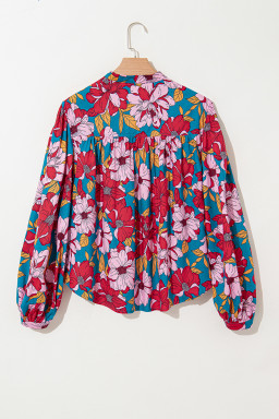 Red Floral Print Balloon Sleeve Half Buttons Blouse