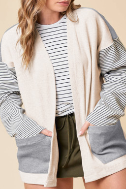 Black Striped Patchwork Pocket Open Front Cardigan