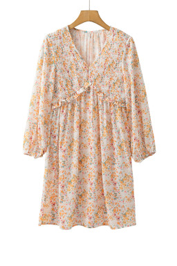 Yellow Boho Floral V Neck Ruffled High Waist Long Sleeve Mini Dress