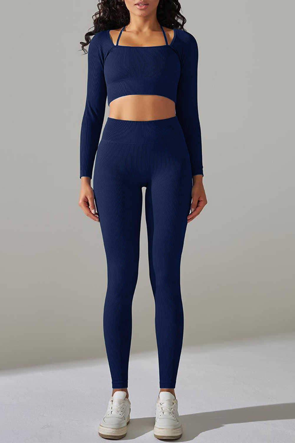 Navy Blue Ribbed Long Sleeve Top and Leggings Workout Set