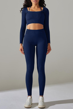 Navy Blue Ribbed Long Sleeve Top and Leggings Workout Set