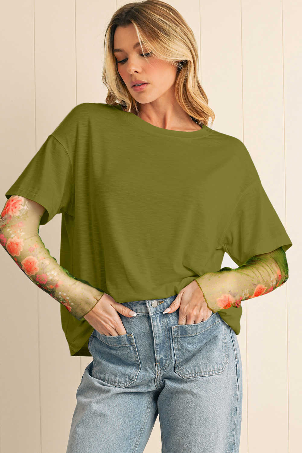 Fern Green Floral Mesh Patchwork Sleeve Crewneck Top