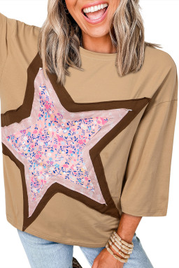 Camel Floral Star Patchwork 3/4 Long Sleeve Top
