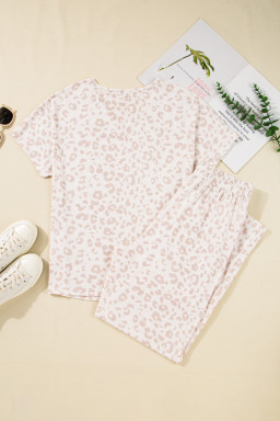 Beige Leopard V Neck Tee and Pants Pajama Set