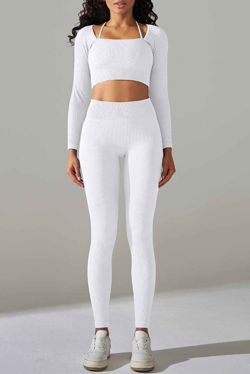 White Ribbed Long Sleeve Top and Leggings Workout Set