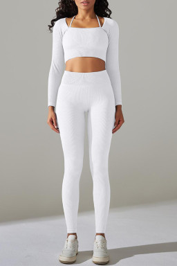White Ribbed Long Sleeve Top and Leggings Workout Set