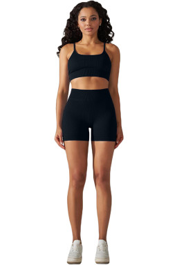 Black Spaghetti Straps Bra and High Waist Shorts Workout Set