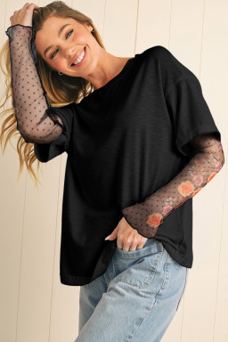 Black Floral Mesh Sleeve Fake Two-Piece Top