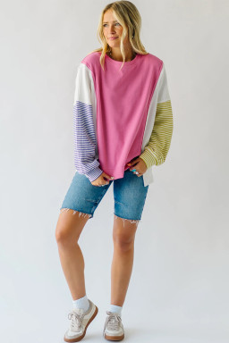 Sachet Pink Waffle Patchwork Striped Sleeve Top