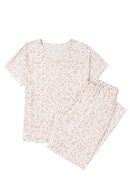 Beige Leopard V Neck Tee and Pants Pajama Set
