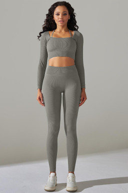 Gray Ribbed Long Sleeve Top and Leggings Workout Set