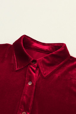 Red Long Sleeve Ruffle Velvet Button Up Shirt Dress