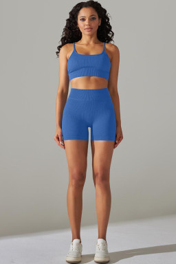 Sky Blue Spaghetti Straps Bra and High Waist Shorts Workout Set