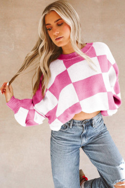 Rose Checkered Bishop Sleeve Pullover Sweater