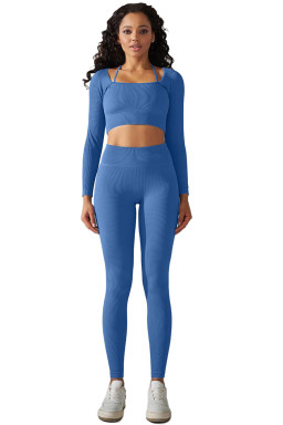 Sky Blue Ribbed Long Sleeve Top and Leggings Workout Set