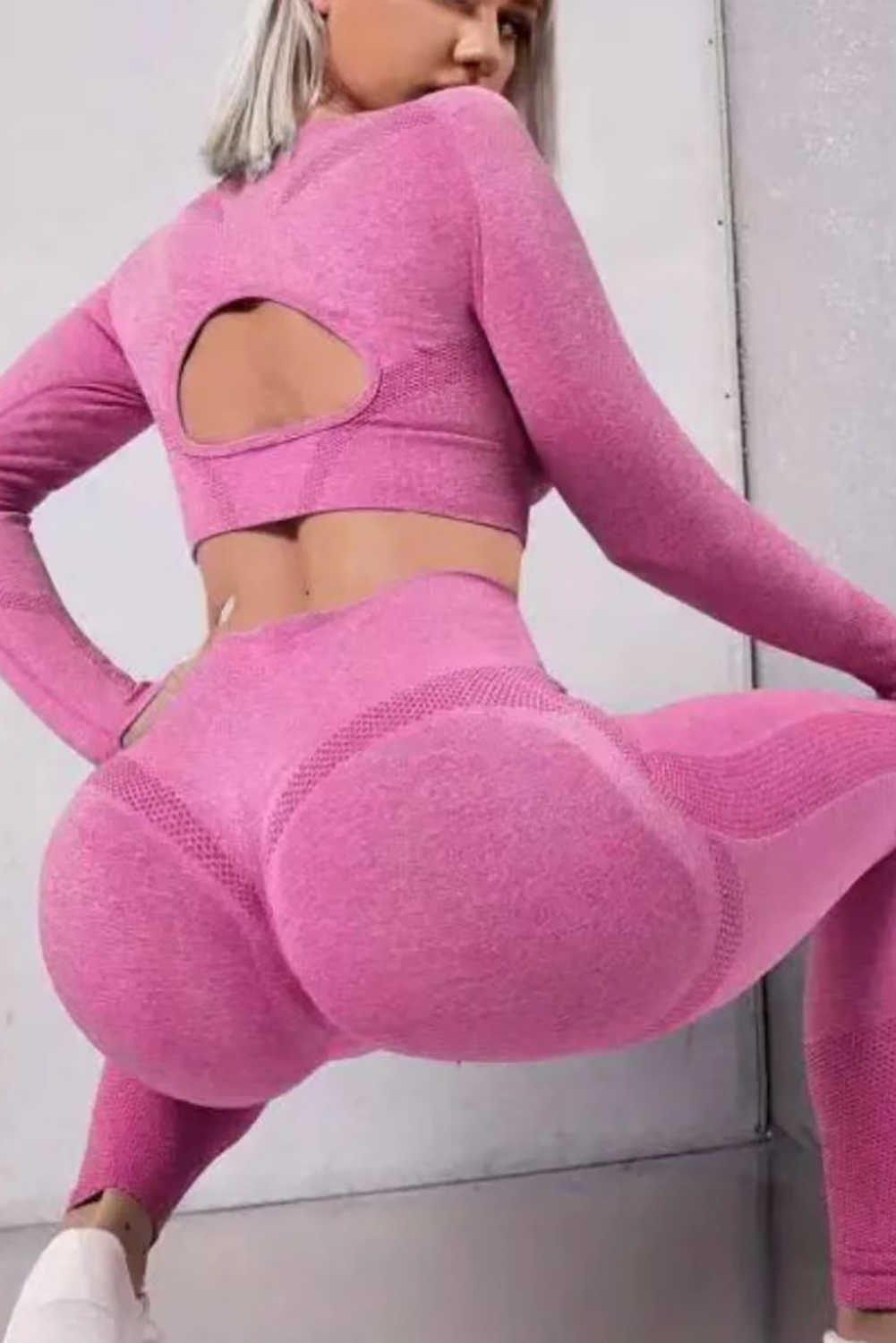 Bright Pink Solid Color Long Sleeve Crop Top Leggings Yoga Sports Set