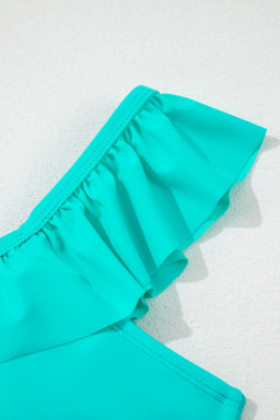 Sea Green Ruffle Square Neck Swim Top and Floral Shorts Bikini Set