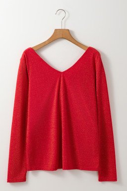 Racing Red Metallic Bowknot Open Back V Neck Top