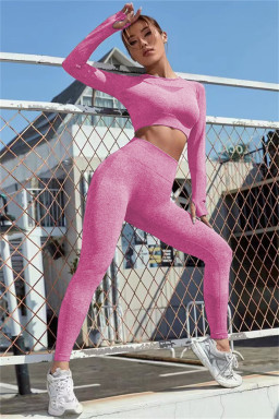Bright Pink Solid Color Long Sleeve Crop Top Leggings Yoga Sports Set